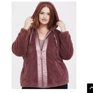 Torrid Clay Red Teddy Sherpa Zip Up Hoodie Pockets Satin Trim‎ Size 2X